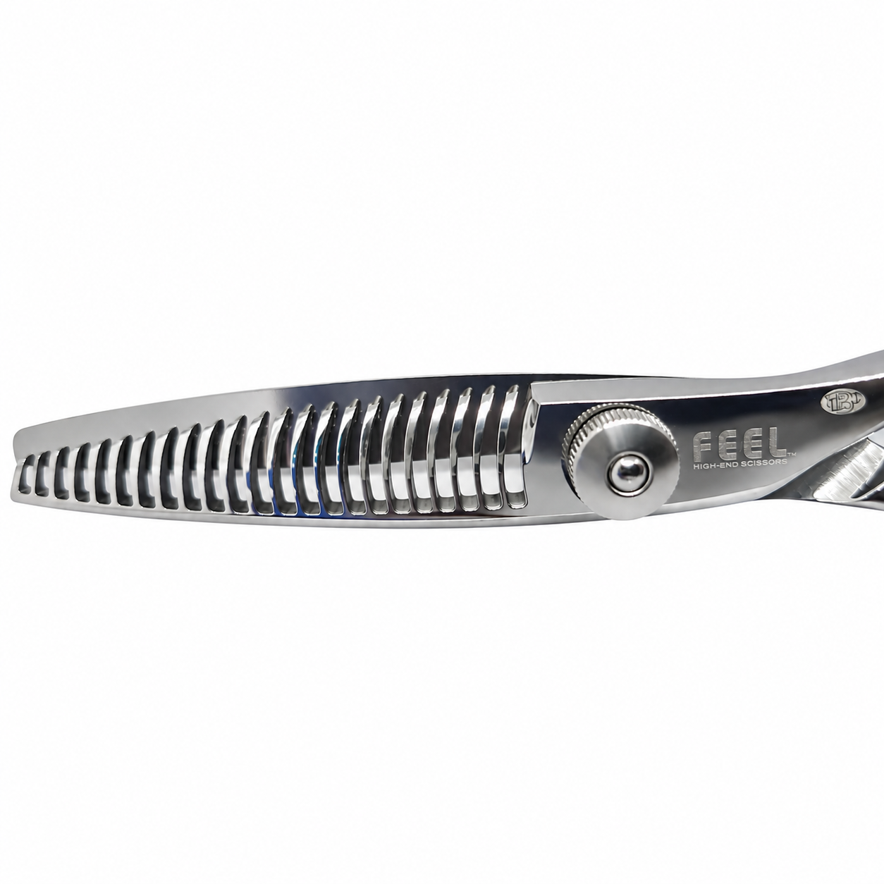 PROFEEL 29252 thinning shears and professional hair thinning scissors, teeth and pivot close-up