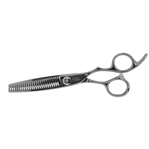 PROFEEL YW250 thinning shear showing the toothed blade and reverse side on white