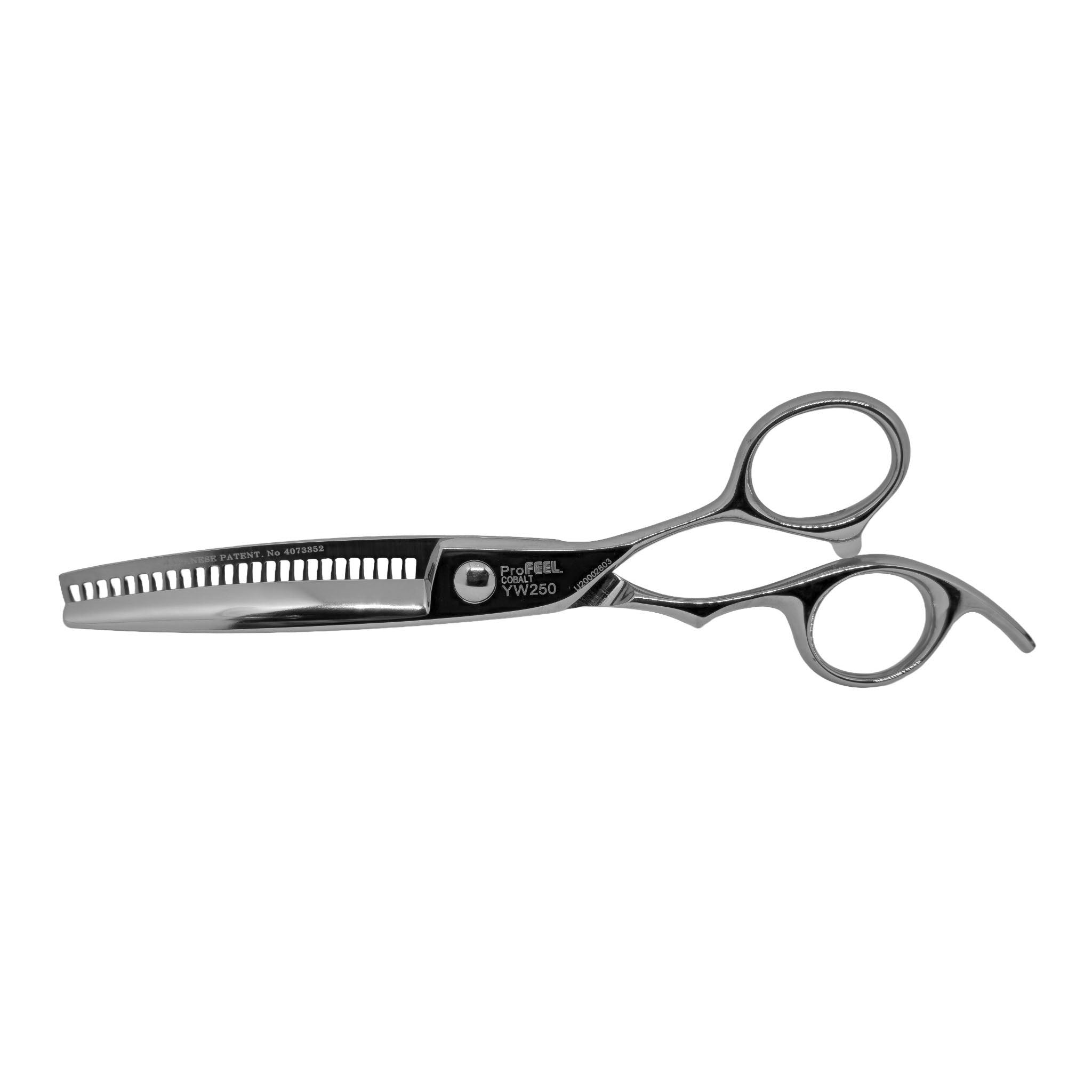 PROFEEL YW250 thinning shear with partially closed blades and visible model engraving