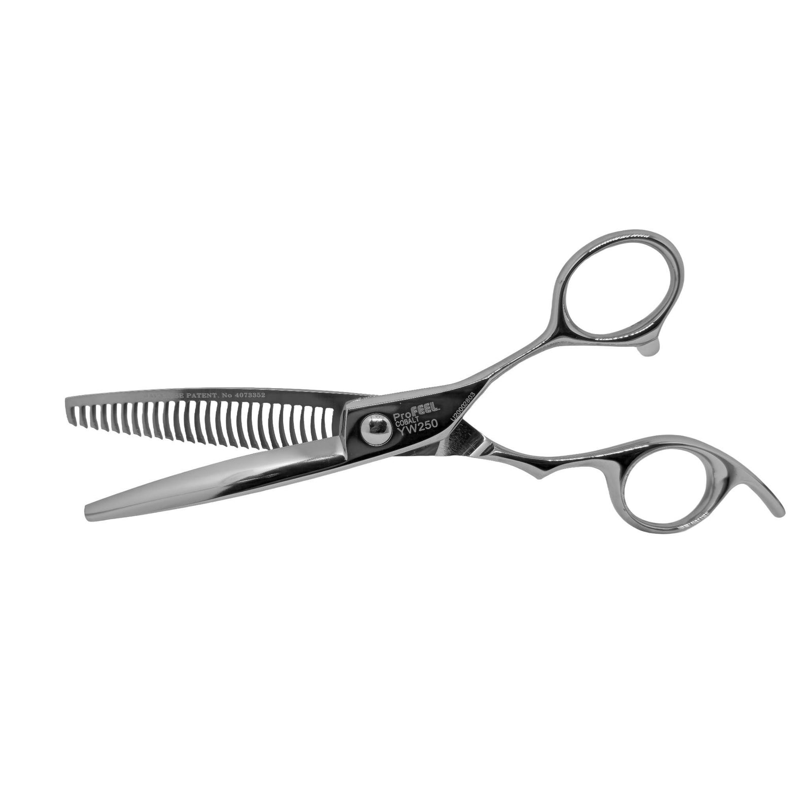 PROFEEL YW250 thinning shear open, showing the engraved model name and toothed blade